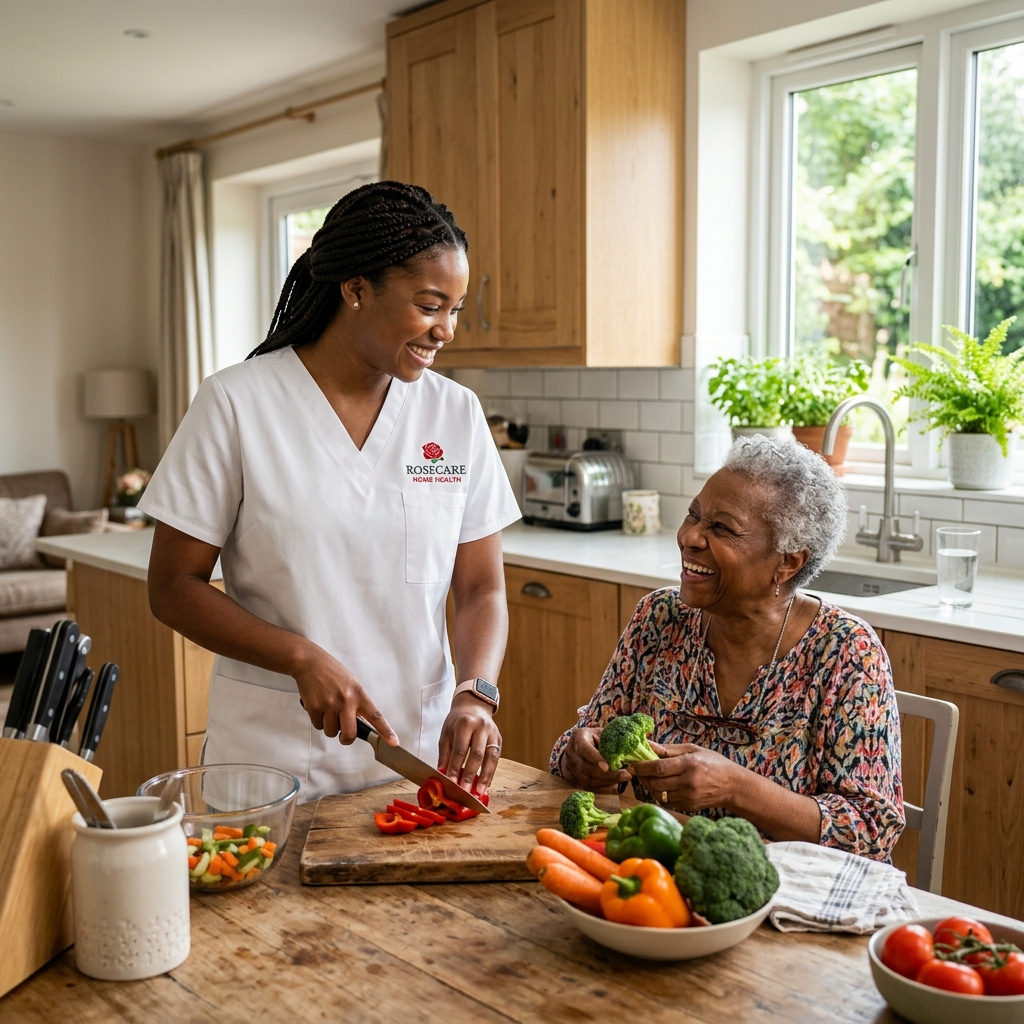 Black female caregiver in white scrubs slicing vegetables with elderly black woman in a kitchen
